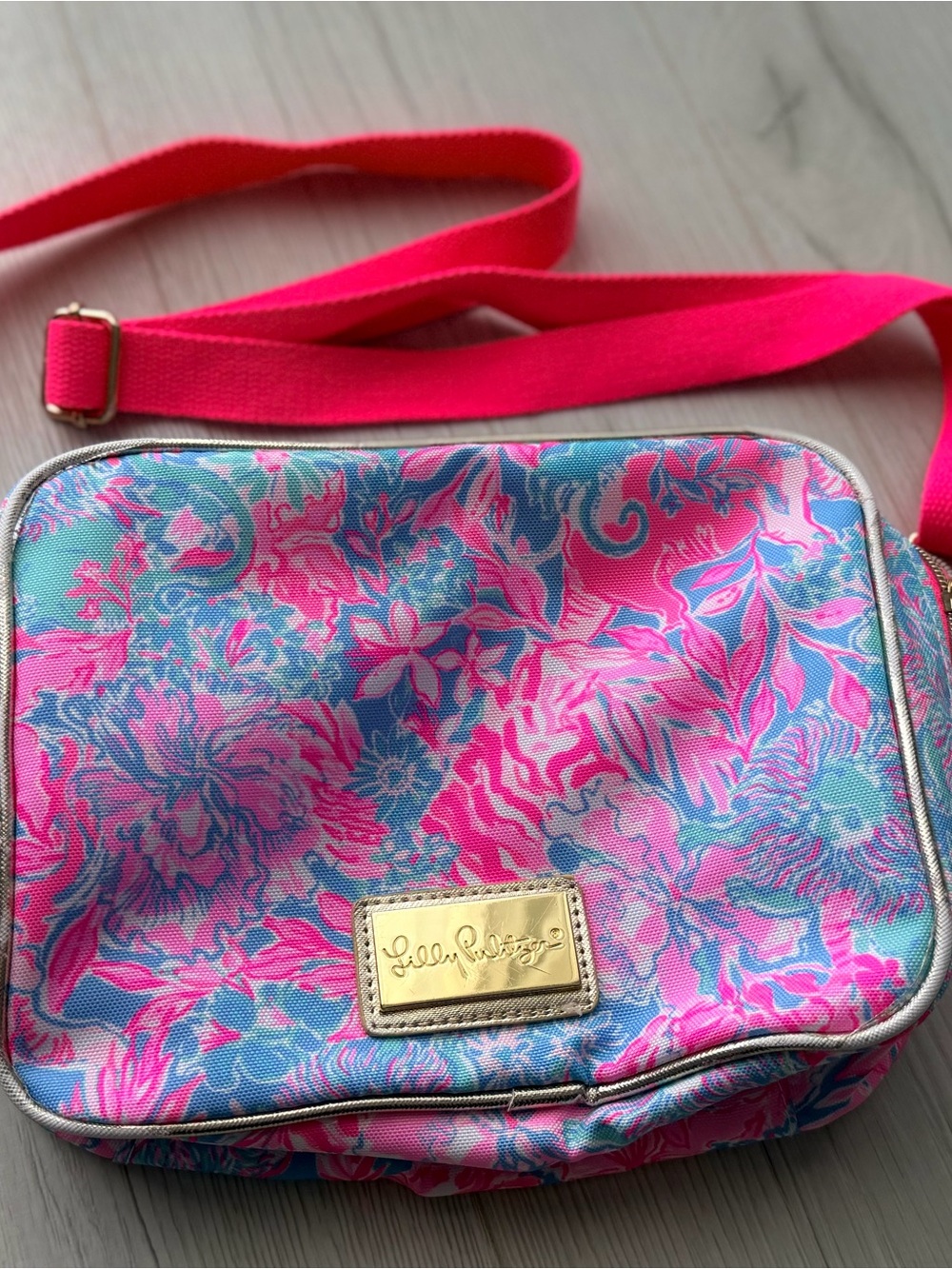 Lilly Pulitzer Pink & Blue Floral Crossbody Bag with Gold Logo